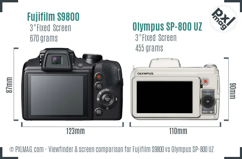 Fujifilm S9800 vs Olympus SP-800 UZ Screen and Viewfinder comparison