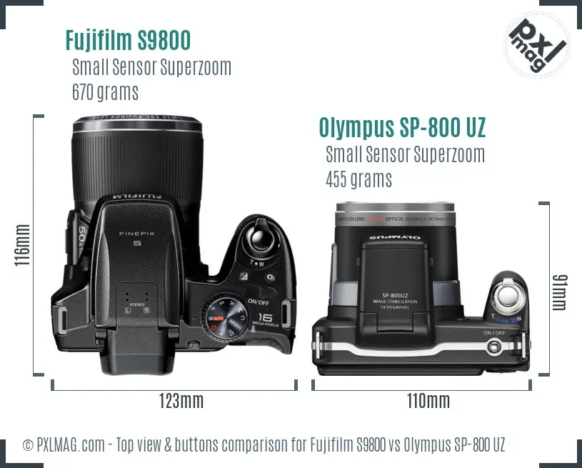 Fujifilm S9800 vs Olympus SP-800 UZ top view buttons comparison