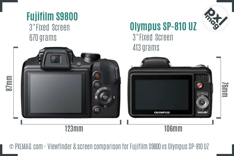 Fujifilm S9800 vs Olympus SP-810 UZ Screen and Viewfinder comparison