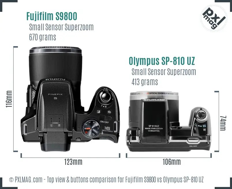 Fujifilm S9800 vs Olympus SP-810 UZ top view buttons comparison