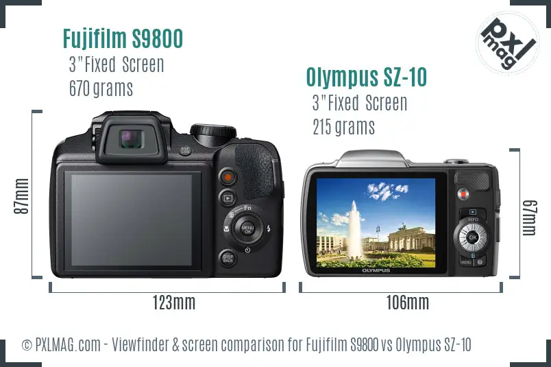 Fujifilm S9800 vs Olympus SZ-10 Screen and Viewfinder comparison