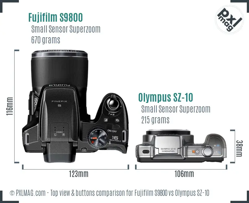 Fujifilm S9800 vs Olympus SZ-10 top view buttons comparison