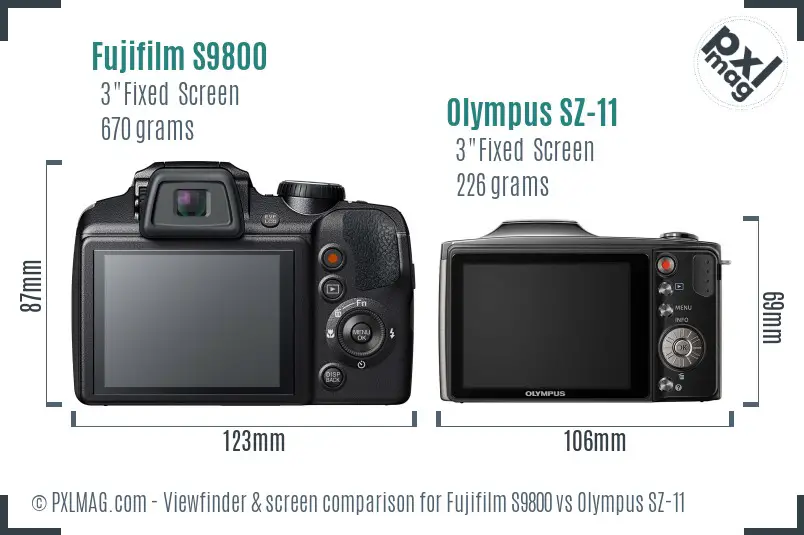 Fujifilm S9800 vs Olympus SZ-11 Screen and Viewfinder comparison