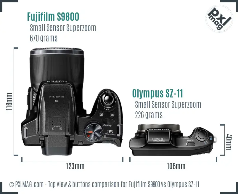 Fujifilm S9800 vs Olympus SZ-11 top view buttons comparison