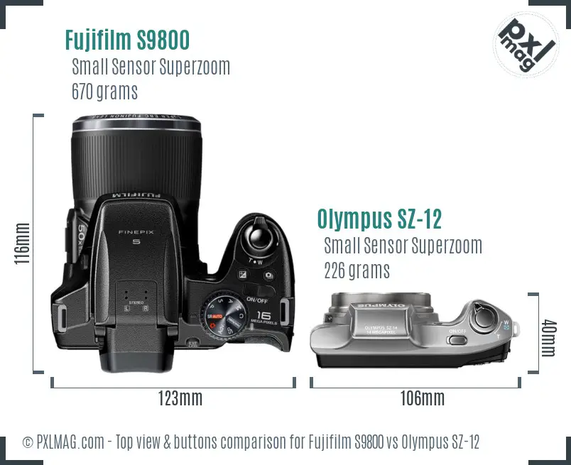 Fujifilm S9800 vs Olympus SZ-12 top view buttons comparison Fujifilm S9800 vs Olympus SZ-12 top view buttons comparison
