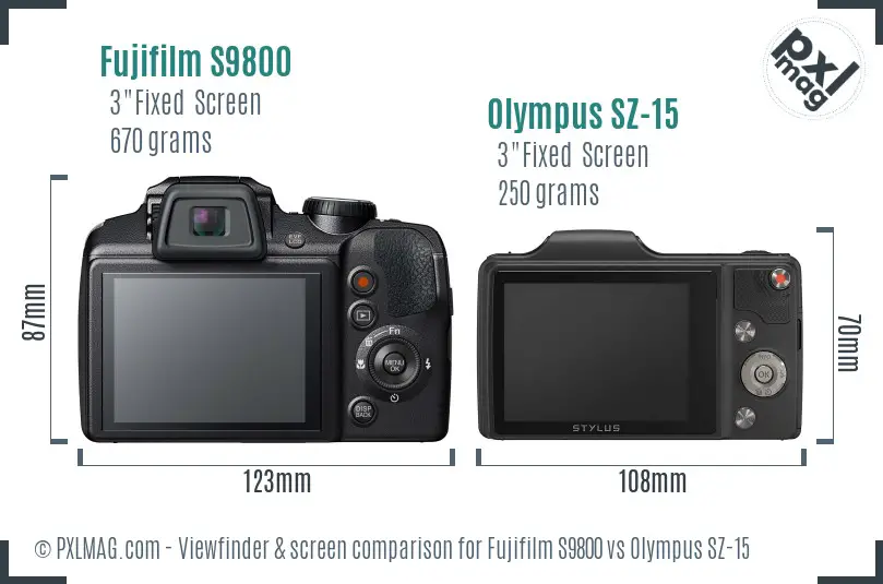 Fujifilm S9800 vs Olympus SZ-15 Screen and Viewfinder comparison