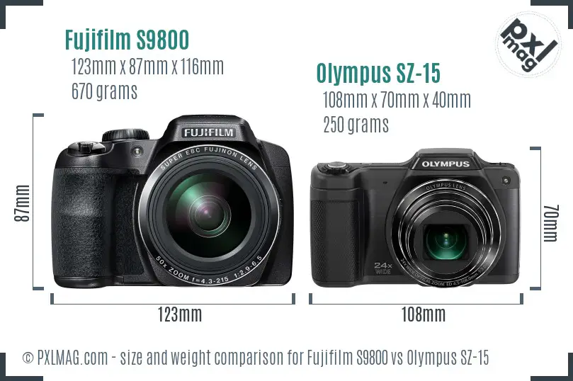 Fujifilm S9800 vs Olympus SZ-15 size comparison