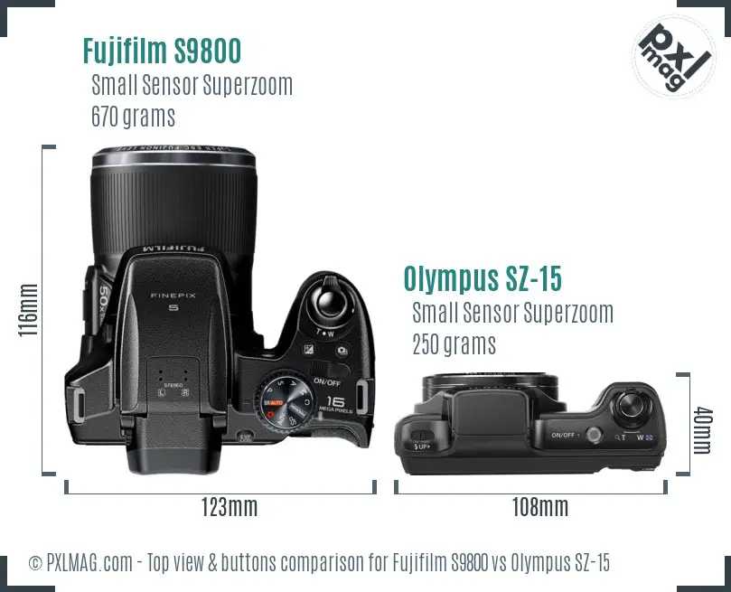 Fujifilm S9800 vs Olympus SZ-15 top view buttons comparison