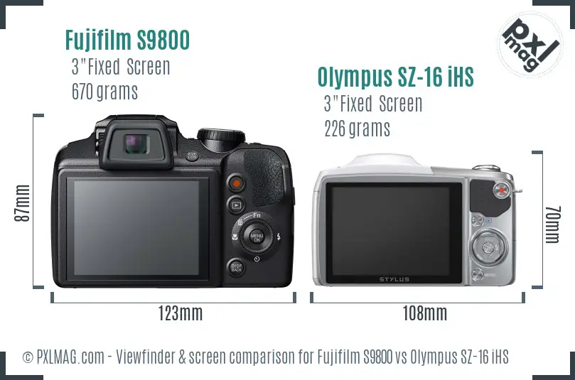 Fujifilm S9800 vs Olympus SZ-16 iHS Screen and Viewfinder comparison