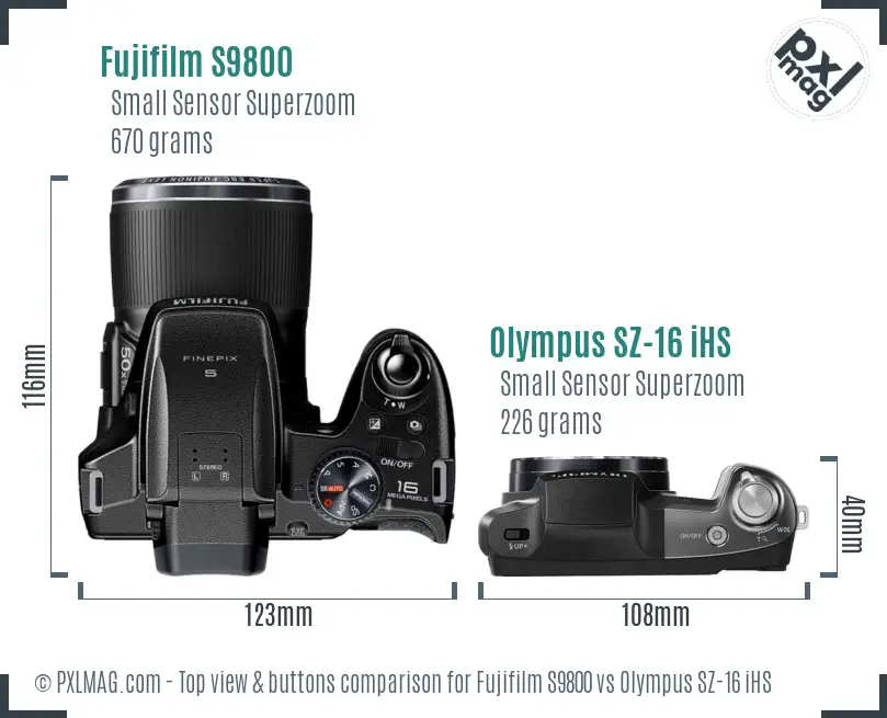 Fujifilm S9800 vs Olympus SZ-16 iHS top view buttons comparison