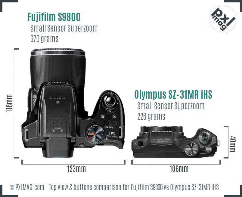 Fujifilm S9800 vs Olympus SZ-31MR iHS top view buttons comparison Fujifilm S9800 vs Olympus SZ-31MR iHS top view buttons comparison