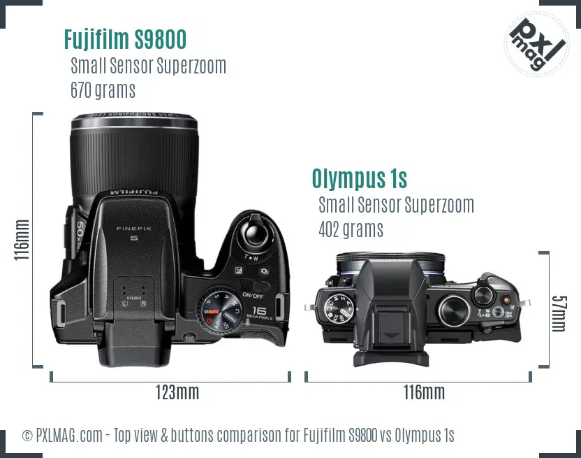 Fujifilm S9800 vs Olympus 1s top view buttons comparison