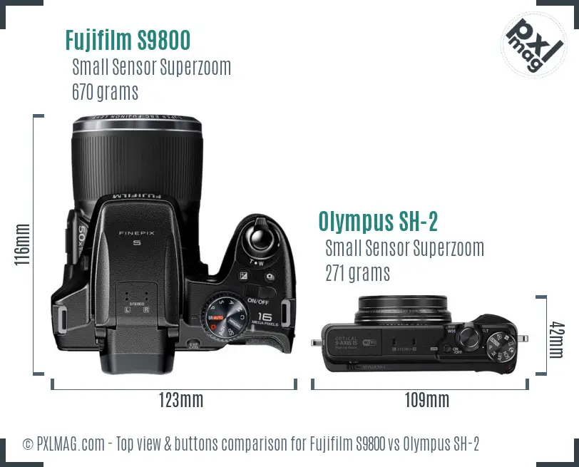 Fujifilm S9800 vs Olympus SH-2 top view buttons comparison Fujifilm S9800 vs Olympus SH-2 top view buttons comparison