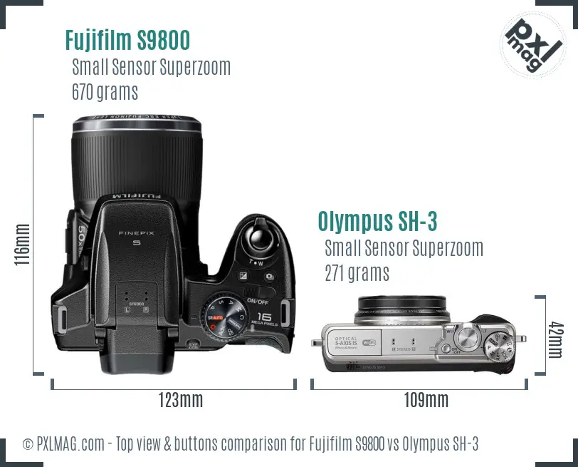 Fujifilm S9800 vs Olympus SH-3 top view buttons comparison