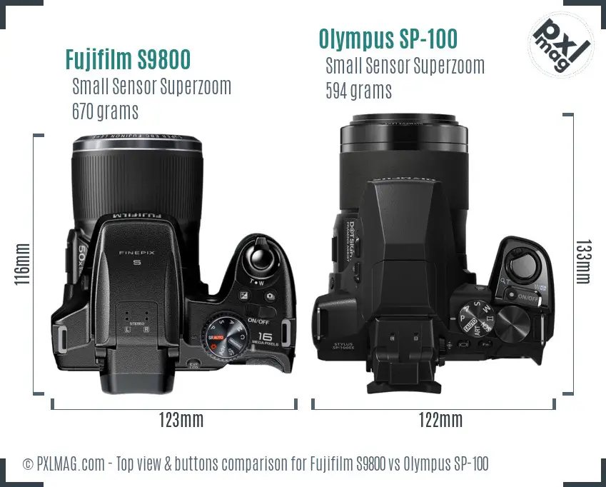 Fujifilm S9800 vs Olympus SP-100 top view buttons comparison Fujifilm S9800 vs Olympus SP-100 top view buttons comparison