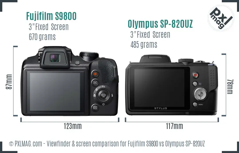 Fujifilm S9800 vs Olympus SP-820UZ Screen and Viewfinder comparison