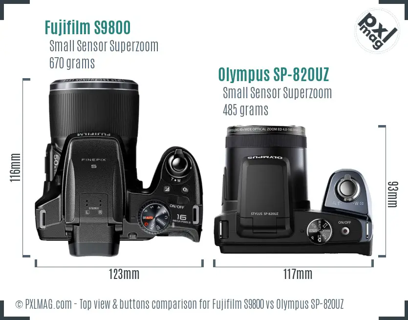Fujifilm S9800 vs Olympus SP-820UZ top view buttons comparison