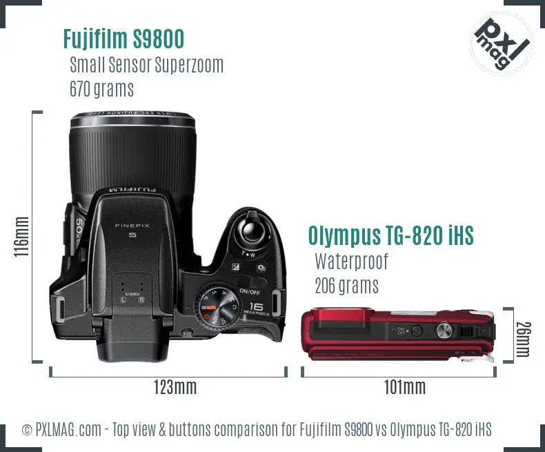 Fujifilm S9800 vs Olympus TG-820 iHS top view buttons comparison