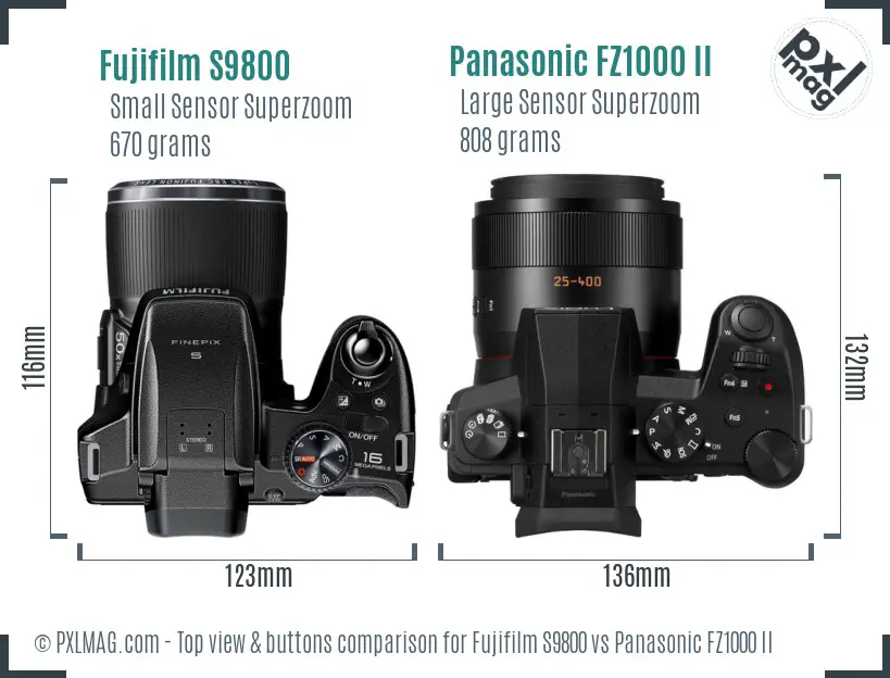 Fujifilm S9800 vs Panasonic FZ1000 II top view buttons comparison