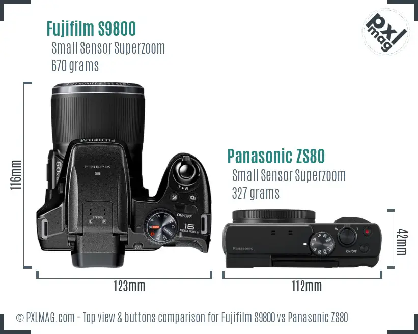 Fujifilm S9800 vs Panasonic ZS80 top view buttons comparison