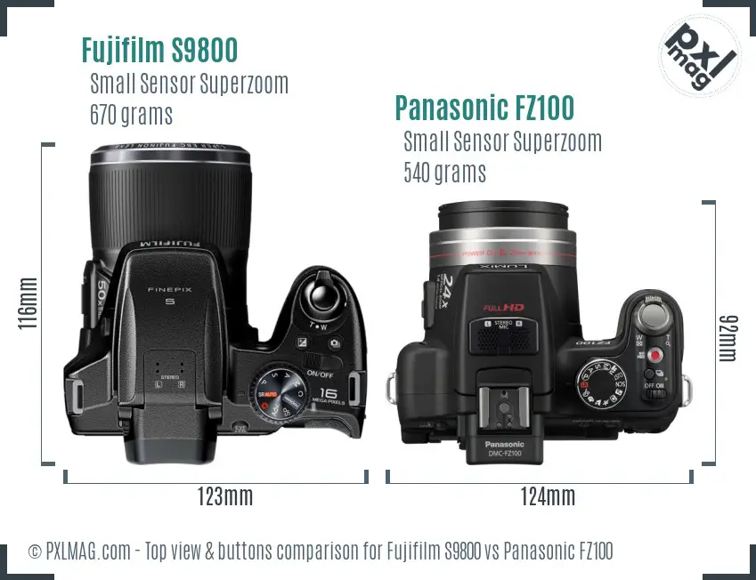 Fujifilm S9800 vs Panasonic FZ100 top view buttons comparison