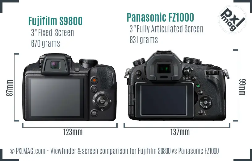Fujifilm S9800 vs Panasonic FZ1000 Screen and Viewfinder comparison