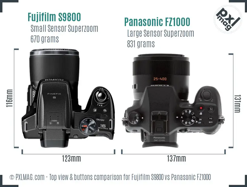 Fujifilm S9800 vs Panasonic FZ1000 top view buttons comparison