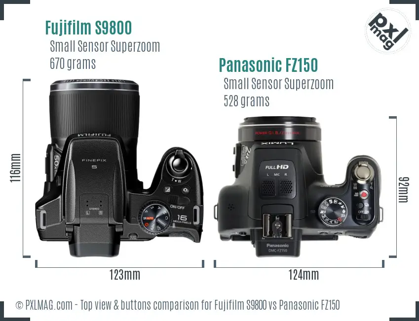 Fujifilm S9800 vs Panasonic FZ150 top view buttons comparison