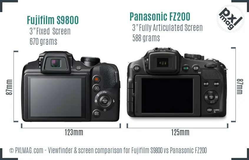 Fujifilm S9800 vs Panasonic FZ200 Screen and Viewfinder comparison