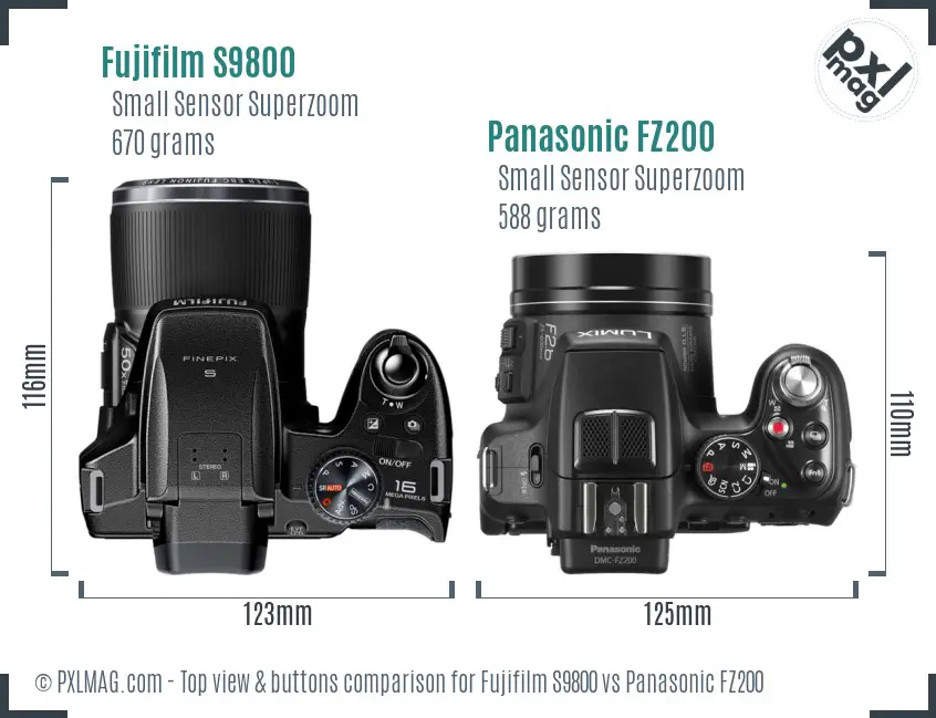 Fujifilm S9800 vs Panasonic FZ200 top view buttons comparison