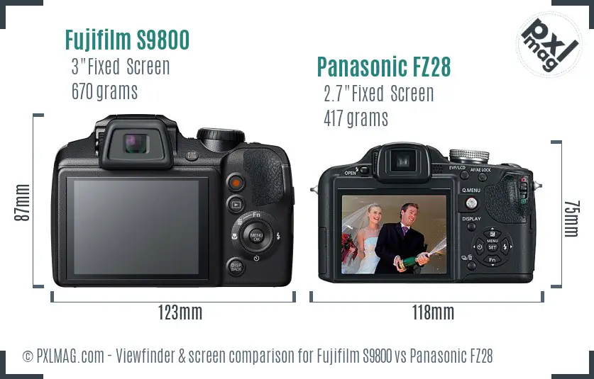Fujifilm S9800 vs Panasonic FZ28 Screen and Viewfinder comparison