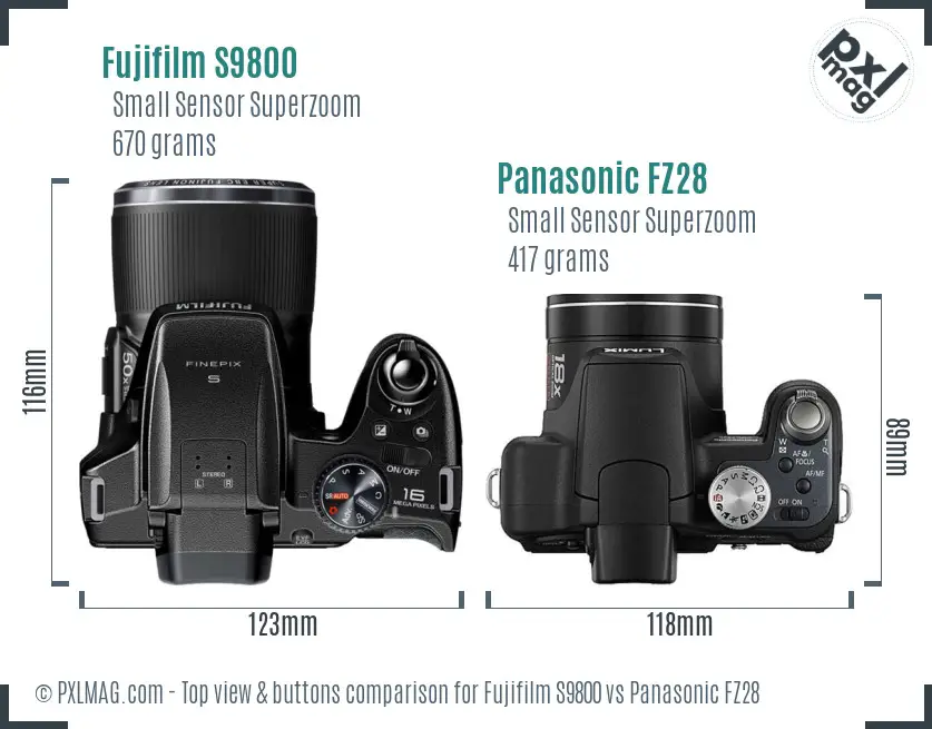Fujifilm S9800 vs Panasonic FZ28 top view buttons comparison