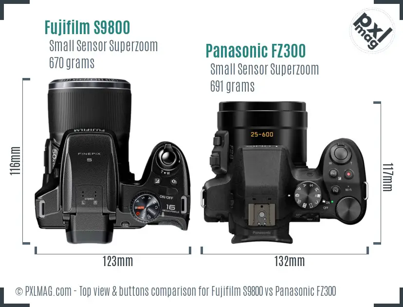 Fujifilm S9800 vs Panasonic FZ300 top view buttons comparison
