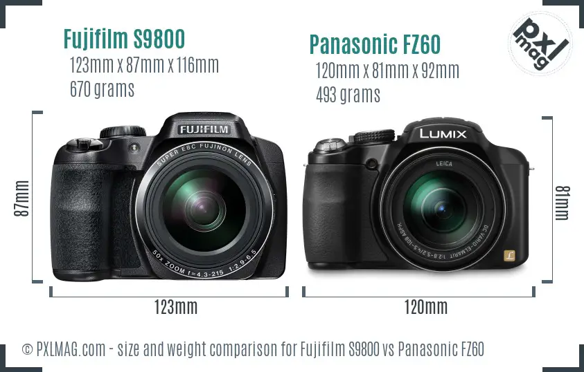 Fujifilm S9800 vs Panasonic FZ60 size comparison