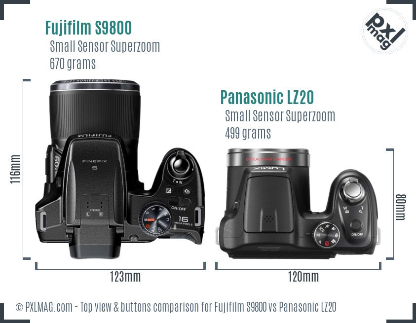 Fujifilm S9800 vs Panasonic LZ20 top view buttons comparison