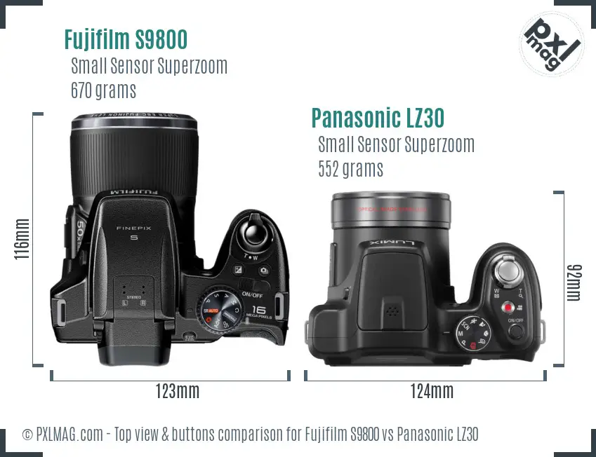 Fujifilm S9800 vs Panasonic LZ30 top view buttons comparison