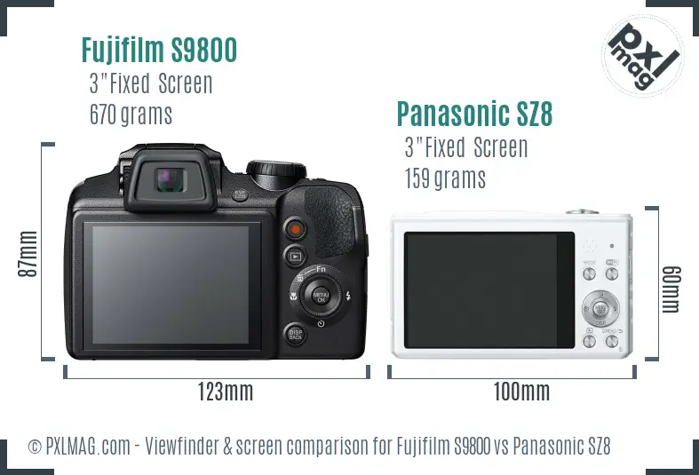 Fujifilm S9800 vs Panasonic SZ8 Screen and Viewfinder comparison
