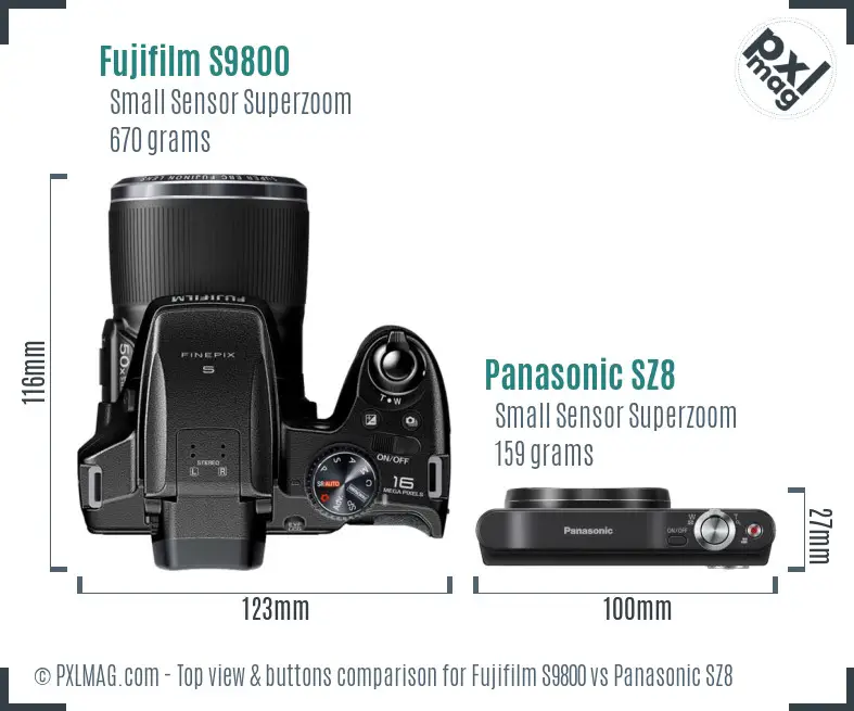 Fujifilm S9800 vs Panasonic SZ8 top view buttons comparison