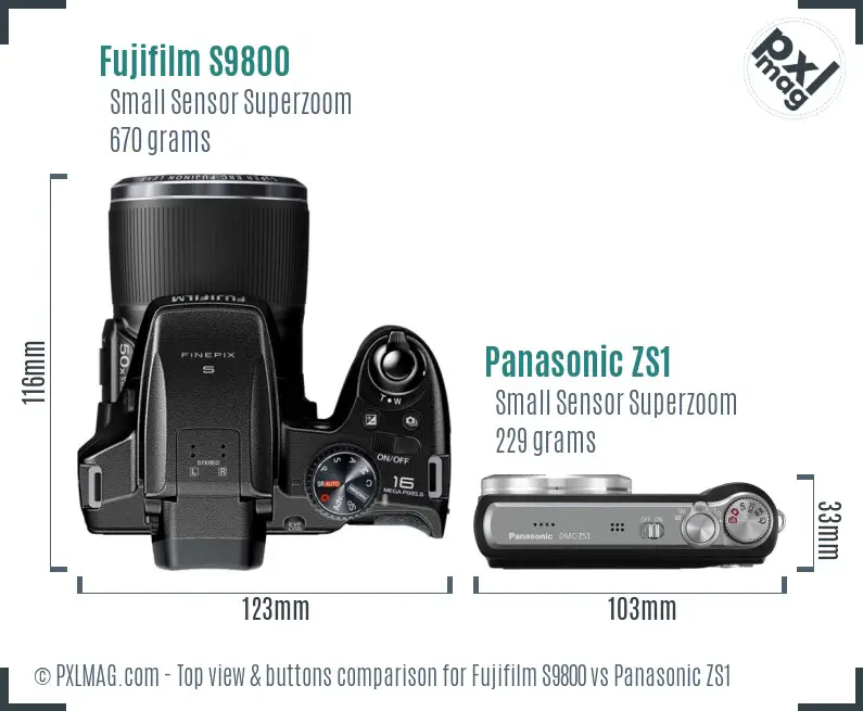 Fujifilm S9800 vs Panasonic ZS1 top view buttons comparison Fujifilm S9800 vs Panasonic ZS1 top view buttons comparison