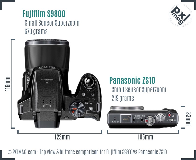 Fujifilm S9800 vs Panasonic ZS10 top view buttons comparison