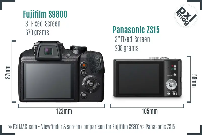 Fujifilm S9800 vs Panasonic ZS15 Screen and Viewfinder comparison