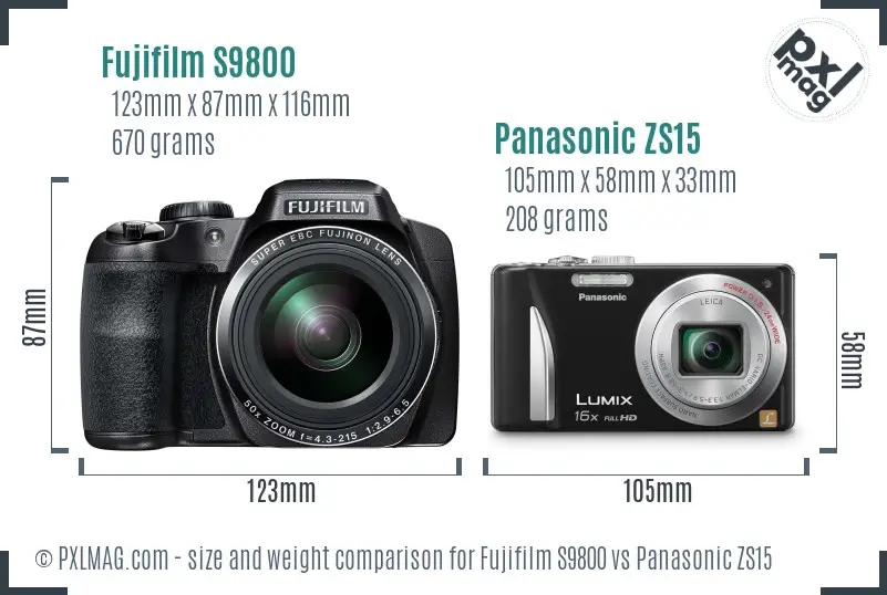 Fujifilm S9800 vs Panasonic ZS15 size comparison