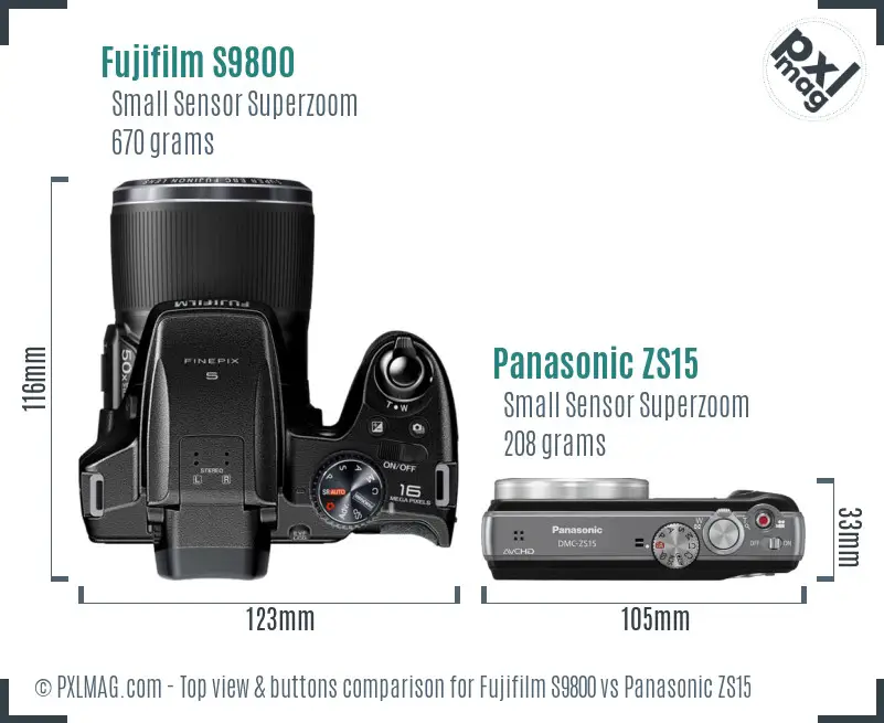 Fujifilm S9800 vs Panasonic ZS15 top view buttons comparison