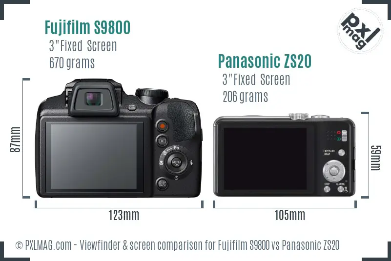 Fujifilm S9800 vs Panasonic ZS20 Screen and Viewfinder comparison