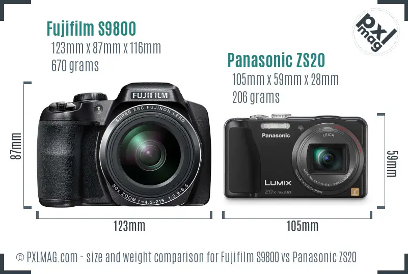 Fujifilm S9800 vs Panasonic ZS20 size comparison