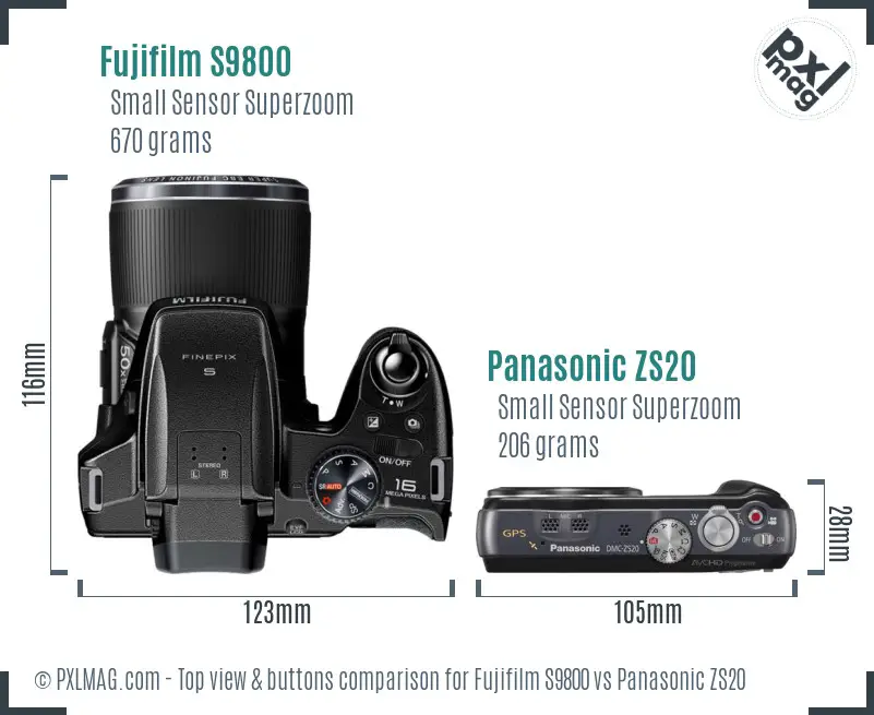 Fujifilm S9800 vs Panasonic ZS20 top view buttons comparison