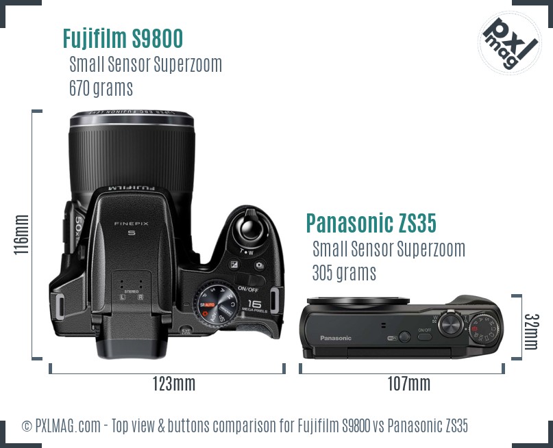 Fujifilm S9800 vs Panasonic ZS35 top view buttons comparison