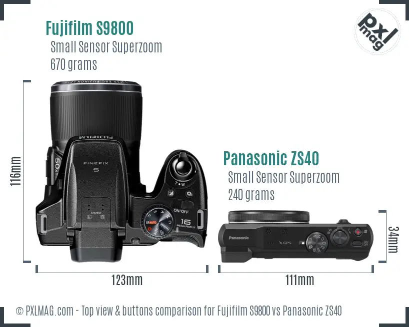 Fujifilm S9800 vs Panasonic ZS40 top view buttons comparison