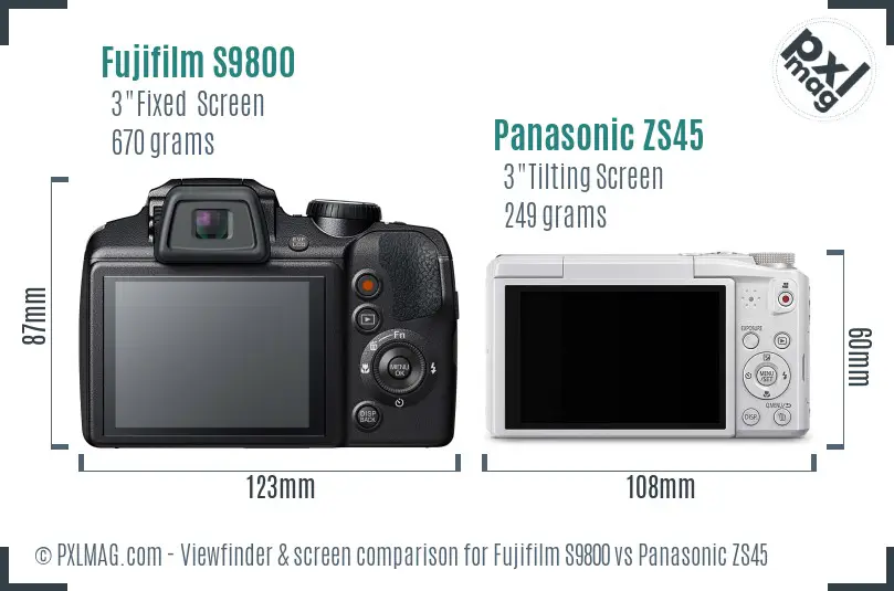 Fujifilm S9800 vs Panasonic ZS45 Screen and Viewfinder comparison