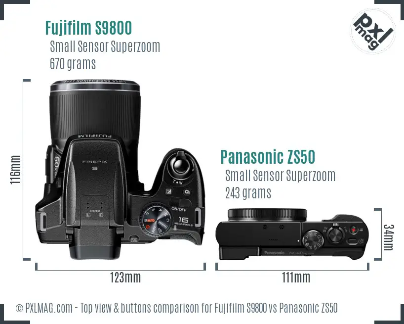 Fujifilm S9800 vs Panasonic ZS50 top view buttons comparison